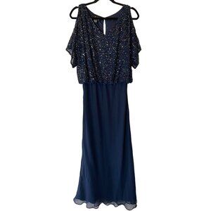 Jkara Formal Maxi Dress Navy Blue Heavily Sequined Chiffon Gown Size 10